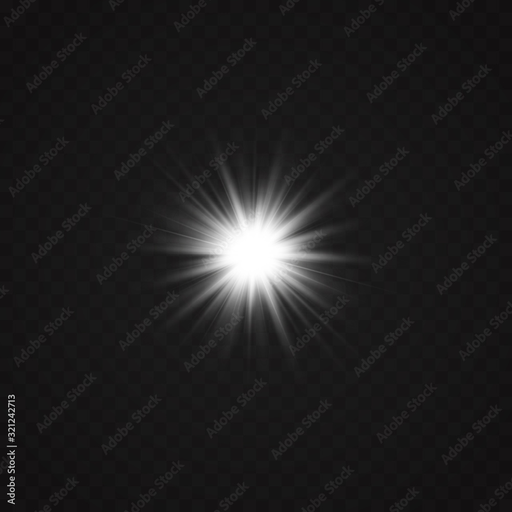 Fototapeta premium Glow light effect. Starburst with sparkles on transparent background. Vector illustration. Sun