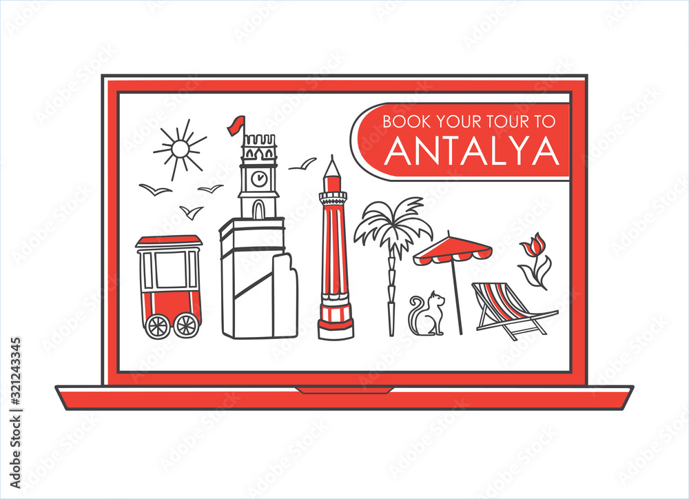 Naklejka premium Vector line illustration Travel to Antalya, Turkey. Online tour booking. Famous Turkish landmarks on the laptop screen. Travel agency design in modern minimalist style.