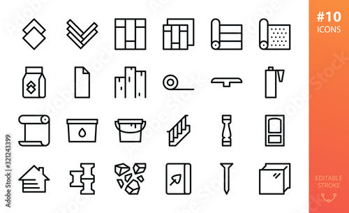 Building materials icons set. Set of laminate, tile, parquet, vinyl floor, silicone sealant, wallpaper glue, paint can, siding, tile adhesive, wooden boards, linoleum, carpet roll vector outline icon