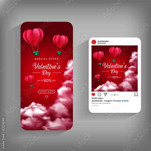 Trendy Valentine's Day editable hearts balloon template for social networks stories and post vector illustration. Design backgrounds for social media.