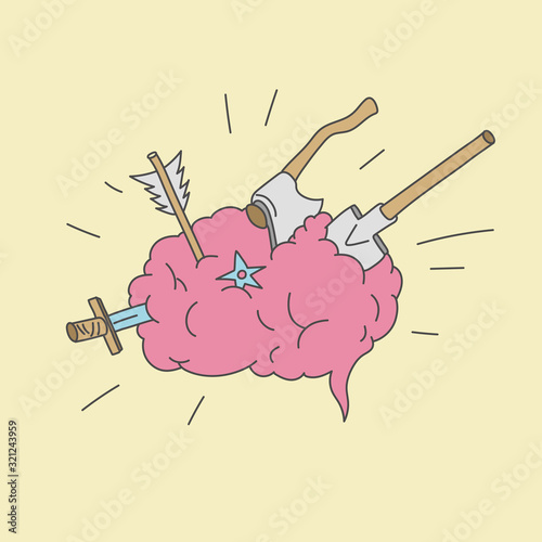 different cold weapons are stuck in the brain. illustration of severe headache and migraine
