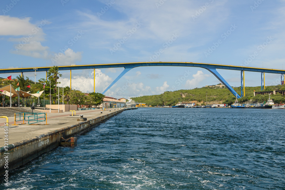 The Queen Juliana Bridge across the St. Anna Bay in Willemstad, Curacao.