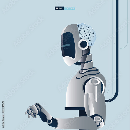 Futuristic humanoid with Artificial Intelligence technology concept. A scientist is assembling a robot vector illustration