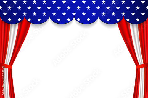 American holiday flat concept. Festive background with curtains. Theater red and white curtains and a blue valance with white stars. Template for affiche, card, advertising flyer, poster or banner. 