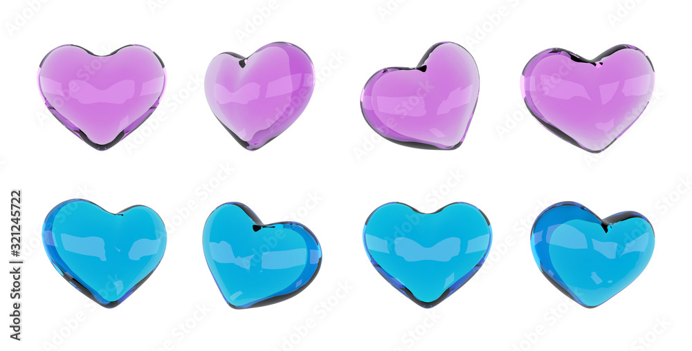3d hearts isolated on white. Glass or plastic hearts set. Valentines day design. 3d illustration. Love symbol.
