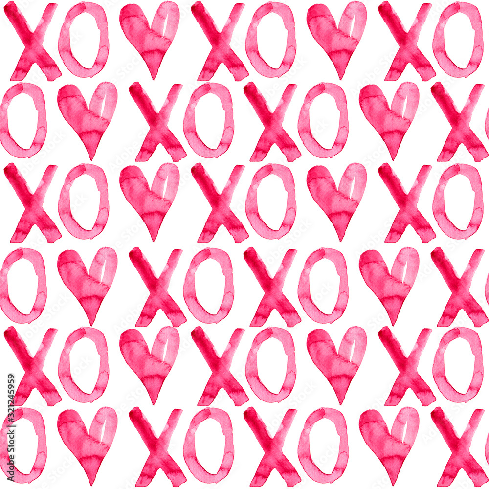 XO with heart Valentine's day love watercolor pattern illustrated in pink color.