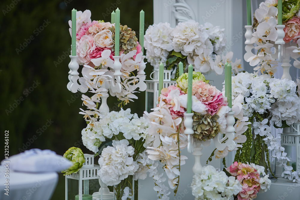floristry, different types of flowers, wedding decoration, outdoor wedding
