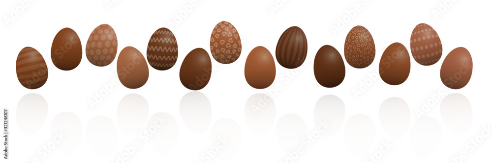 Chocolate Easter eggs. Lined up with different chocolate and patterns ...
