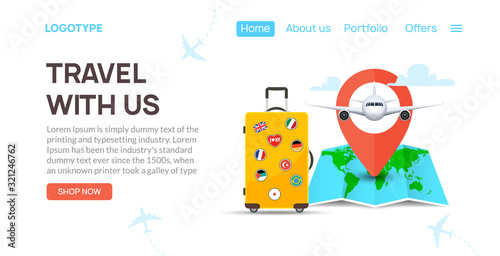 Travel tourism banner background. Luggage fun tour and bag, airplane travel design