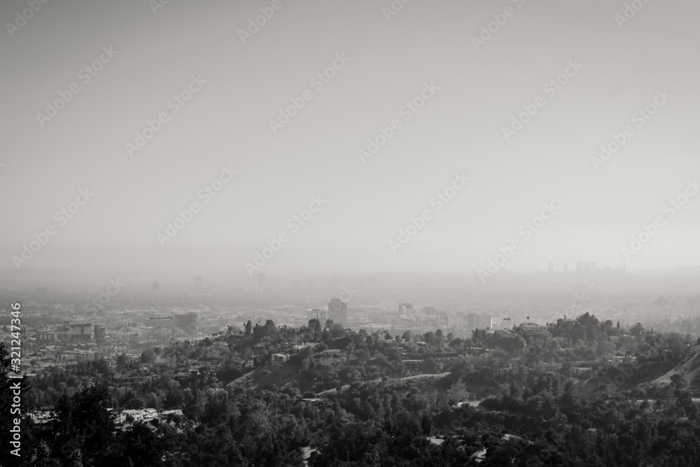 Black and white photography of the panoramic view of LA downtown and suburbs from the Griffith Observatory in Los Angeles