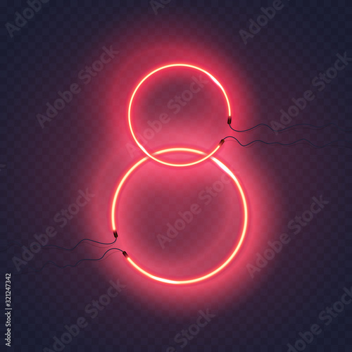 Neon circle lamps wall sign isolated on transparent background. Vector red power glowing round bulb for 8 March International Women's day greeting card design.