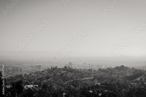 Black and white photography of the panoramic view of LA downtown and suburbs from the Griffith Observatory in Los Angeles
