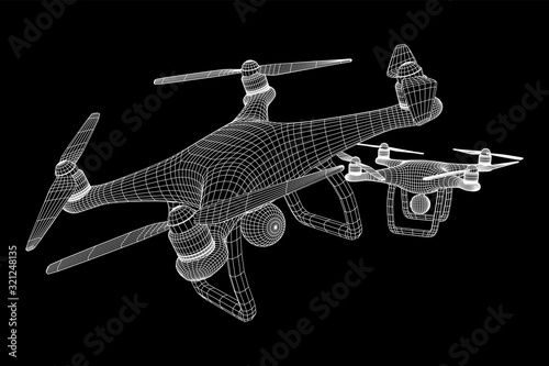 Remote control air drone. Dron flying with action video camera. Wireframe low poly mesh vector illustration