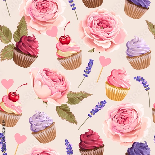 Tapety Jedzenie  vector-seamless-pattern-with-cupcakes-and-flowers