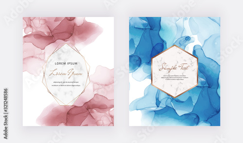 Red and blue alcohol ink cards with geometric marble frames. Abstract hand painted background. Fluid art painting design. Trendy template for banner, flyer, wedding invitation, product package