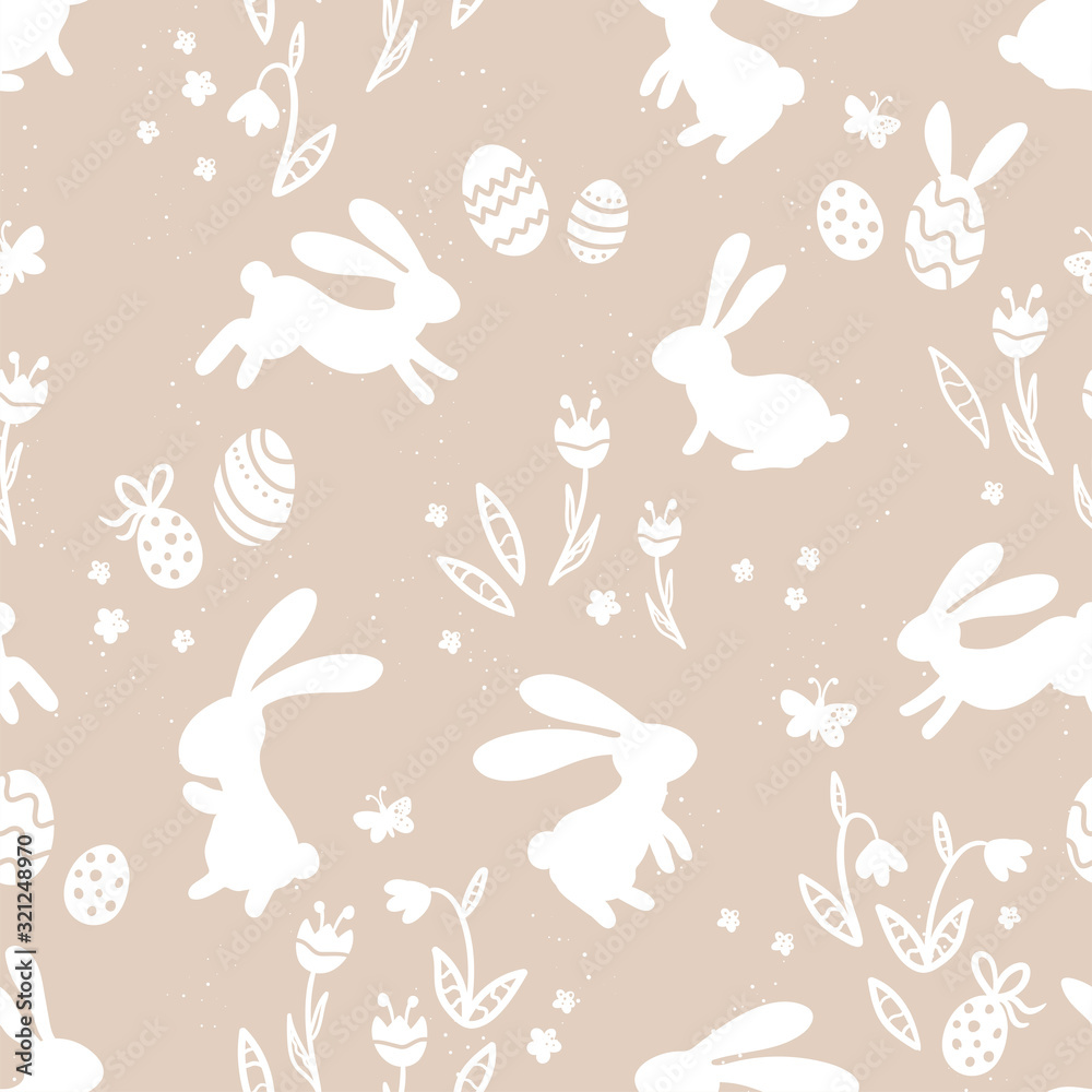 Cute hand drawn easter bunnies seamless pattern, easter doodle background, great for textiles, banners, wallpapers, wrapping - vector design