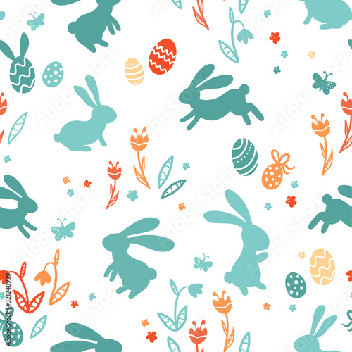 Cute hand drawn easter bunnies seamless pattern  easter doodle background  great for textiles  banners  wallpapers  wrapping - vector design