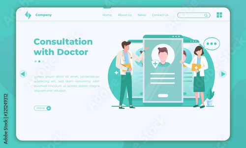 Consultation with doctor using medical online application on landing page template