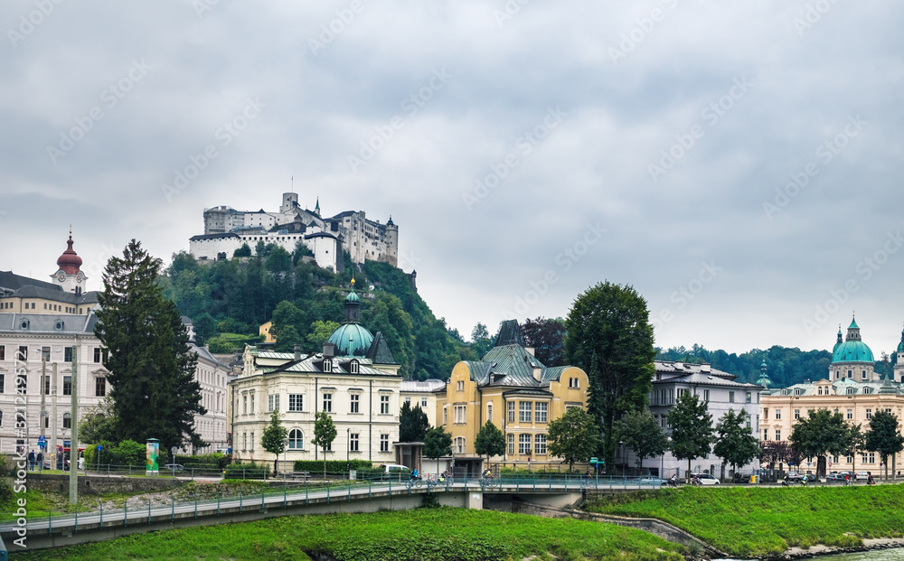 Beautiful view of Salzburg skyline with Festung Hohensalzburg and Salzach river in Salzburg, Austria
