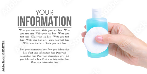 Papier peint Bottle acetone nail polish remover and cotton pad in hand on white background is