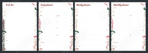 Set of planners with minimalistic floral design. Monthly, weekly, daily planner, to do list.
