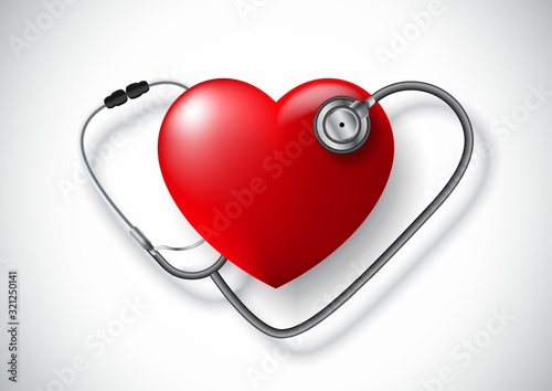 A stethoscope in the shape of a heart and red heart, isolated on white background