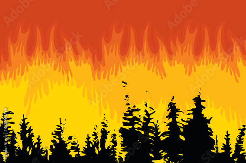 Vector illustration in black and orange colors with a forest fire. Black silhouettes of fir trees on the background of wildfire. Burning trees, an environmental disaster. Save forest concept