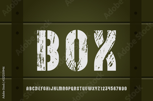 Stencil army font, condensed bold military alphabet, modern geometric modular letters and numbers, book symbols for newspaper headline or your street poster design, vector illustration