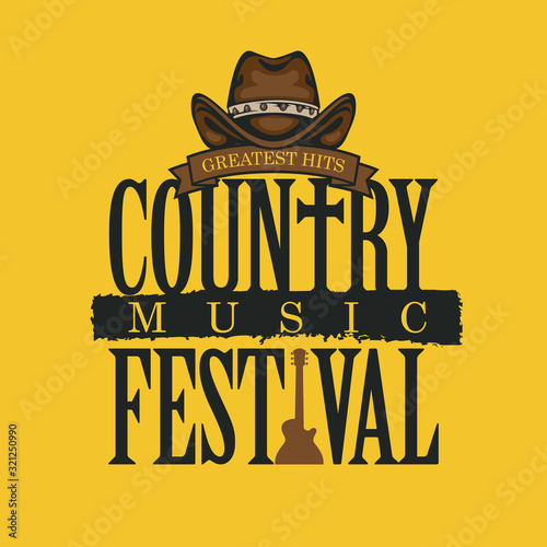 Vector poster for a festival of country music on the yellow background in retro style. Creative lettering for t-shirt design with brown cowboy hat and electric guitar