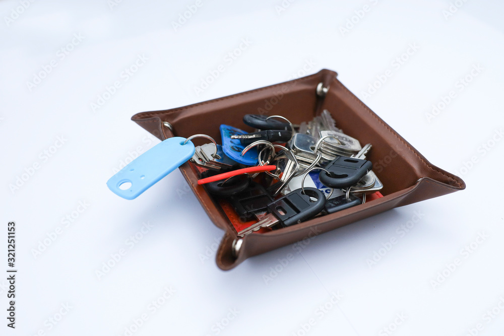 Bunch of locker keys in a container isolated on white background