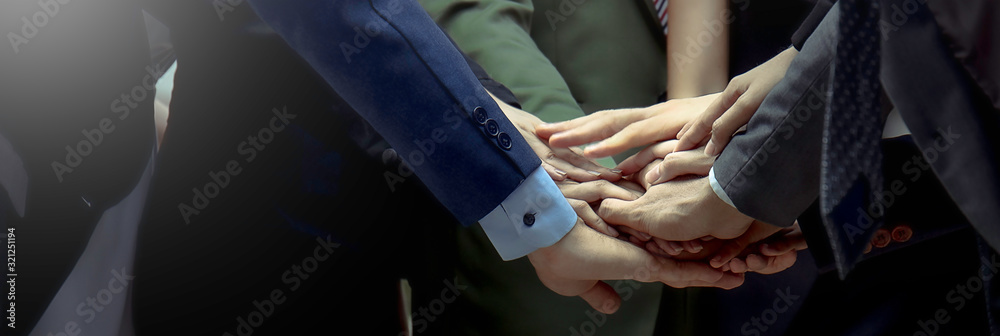 Creative team meeting hands together synergy brainstorm business man woman, asian people teamwork acquisition, brainstorm business people concept. Startup friends creative people sale project banner - obrazy, fototapety, plakaty 