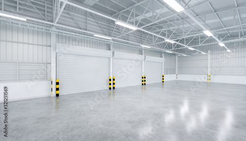 Roller door or roller shutter inside factory, warehouse or industrial building. Modern interior design with polished concrete floor and empty space for product display, industry background. 3d render.