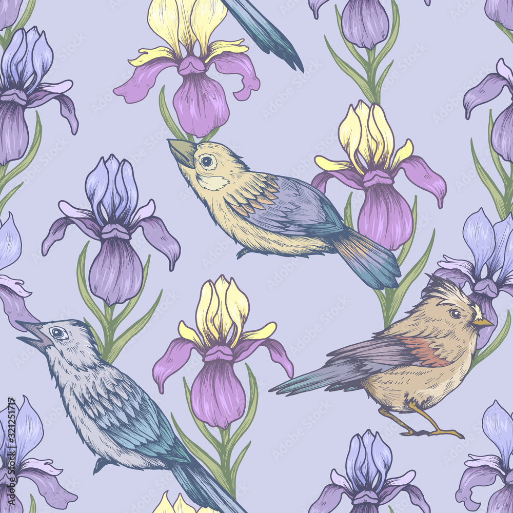 Seamless pattern with irises and birds