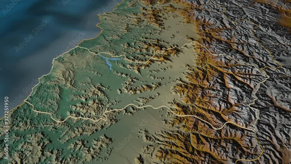 Libertador General Bernardo O'Higgins, region with its capital, zoomed and extruded on the relief map of Chile in the conformal Stereographic projection. Animation 3D Libertador General Bernardo O'Higgins, region with its capital, zoomed and extruded on the relief map of Chile in the conformal Stereographic projection. Animation 3D