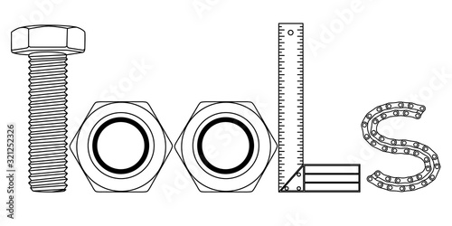 tools, t,o,l,s, letters, bolt, female screw, ruler, chain, black and white drowing