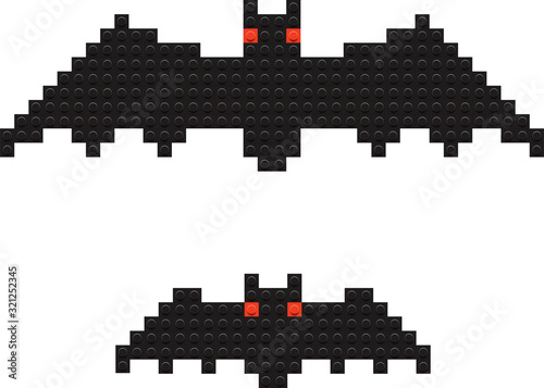 Vector halloween bat made from kids construction blocks. Two different illustrations. Small and big bats.