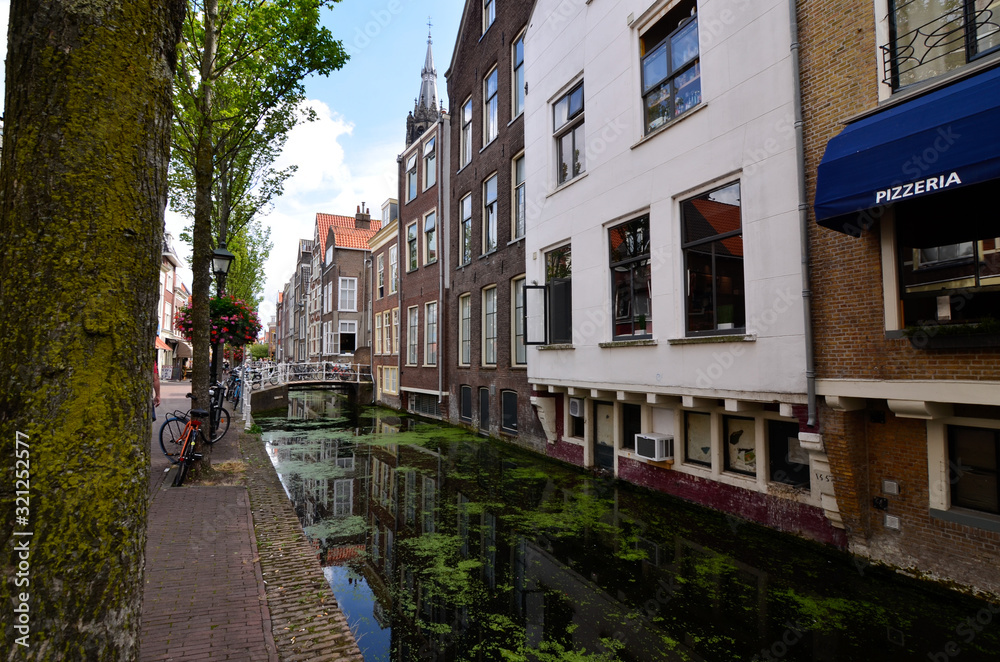 Delft, the netherlands, august 2019. The pretty and romantic canals, smaller than in Amsterdam. The aquatic plants create a green carpet.