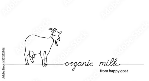 Organic milk from happy goat. One continuous line drawing of goat with lettering organic milk.