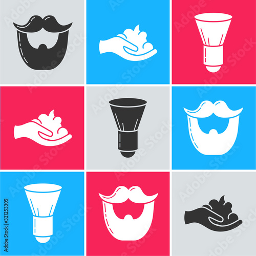 Set Mustache and beard, Shaving gel foam on hand and Shaving brush icon. Vector