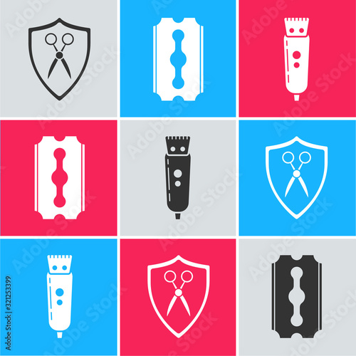 Set Scissors hairdresser and shield, Blade razor and Electrical hair clipper or shaver icon. Vector