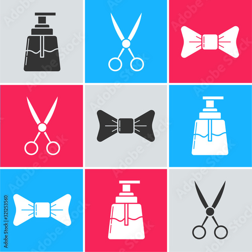 Set Aftershave, Scissors hairdresser and Bow tie icon. Vector