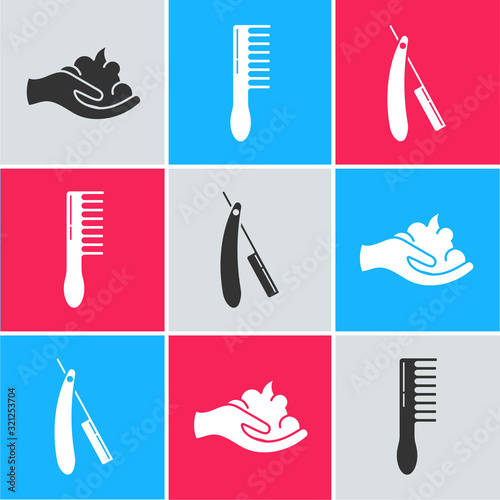 Set Shaving gel foam on hand, Hairbrush and Straight razor icon. Vector
