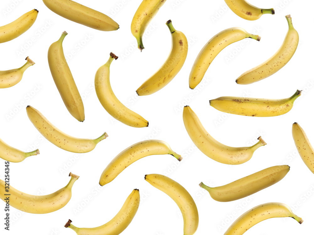 Set bananas isolated on white background, pattern texture