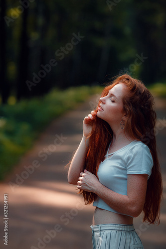 ginger charming woman young beautiful forest green