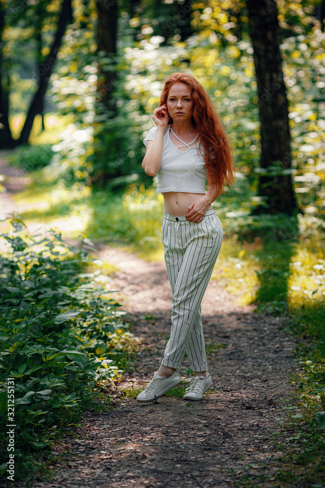 ginger charming woman young beautiful forest green