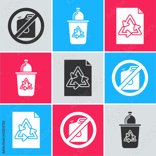 Set No canister for gasoline, Recycle bin with recycle symbol and Paper with recycle icon. Vector