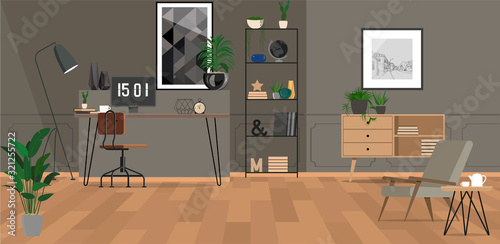 Grey home office interior with a monitor standing on a desk with wooden chair