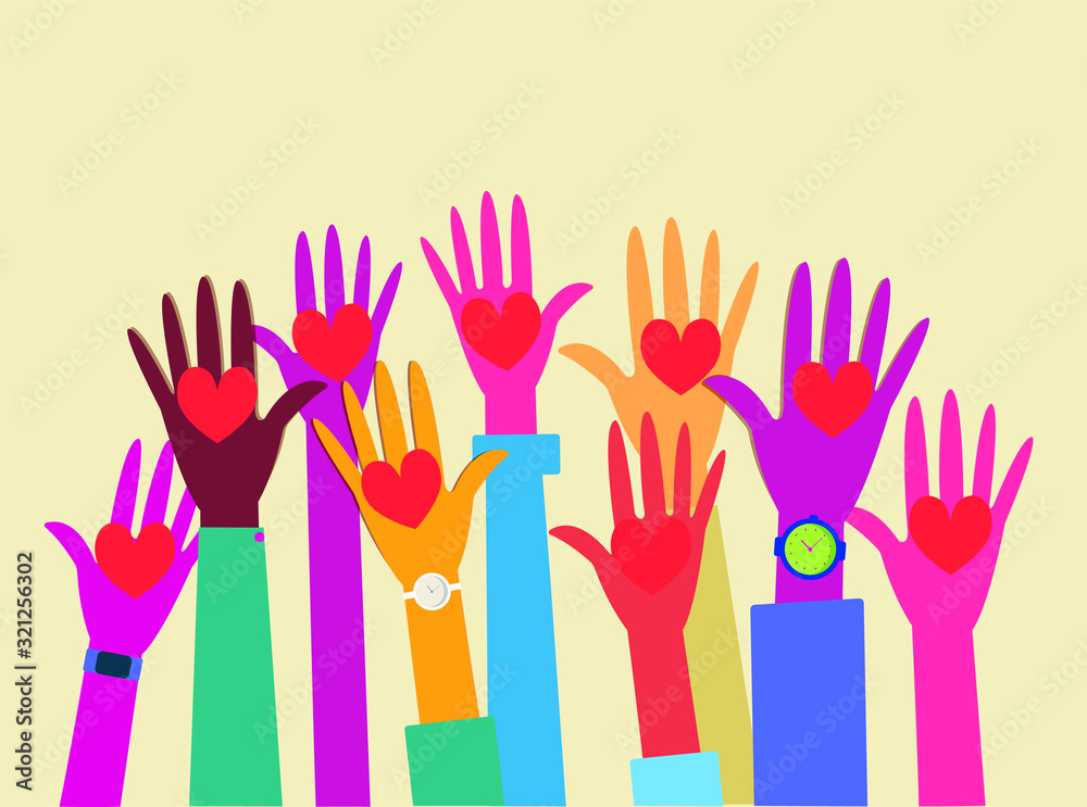 group of hands with hearts raised to the sky, multi colored hands open up to the top. Volunteering hands, participation of multiracial people. Modern flat vector illustration. group of hands with hearts raised to the sky, multi colored hands open up to the top. Volunteering hands, participation of multiracial people. Modern flat vector illustration.
