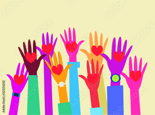 group of hands with hearts raised to the sky, multi colored hands open up to the top. Volunteering hands, participation of multiracial people. Modern flat vector illustration.