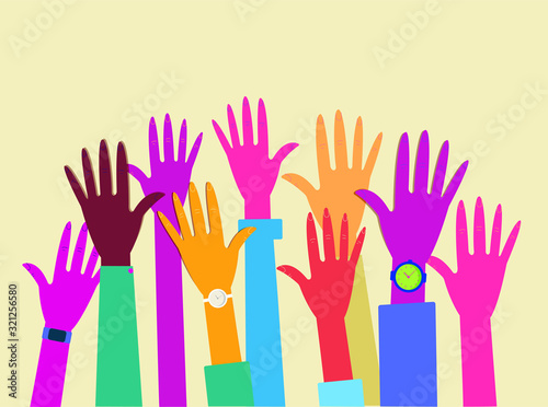 group of hands raised to the sky, multi colored hands open up to the top. Volunteering hands, participation of multiracial people. Modern flat vector illustration.